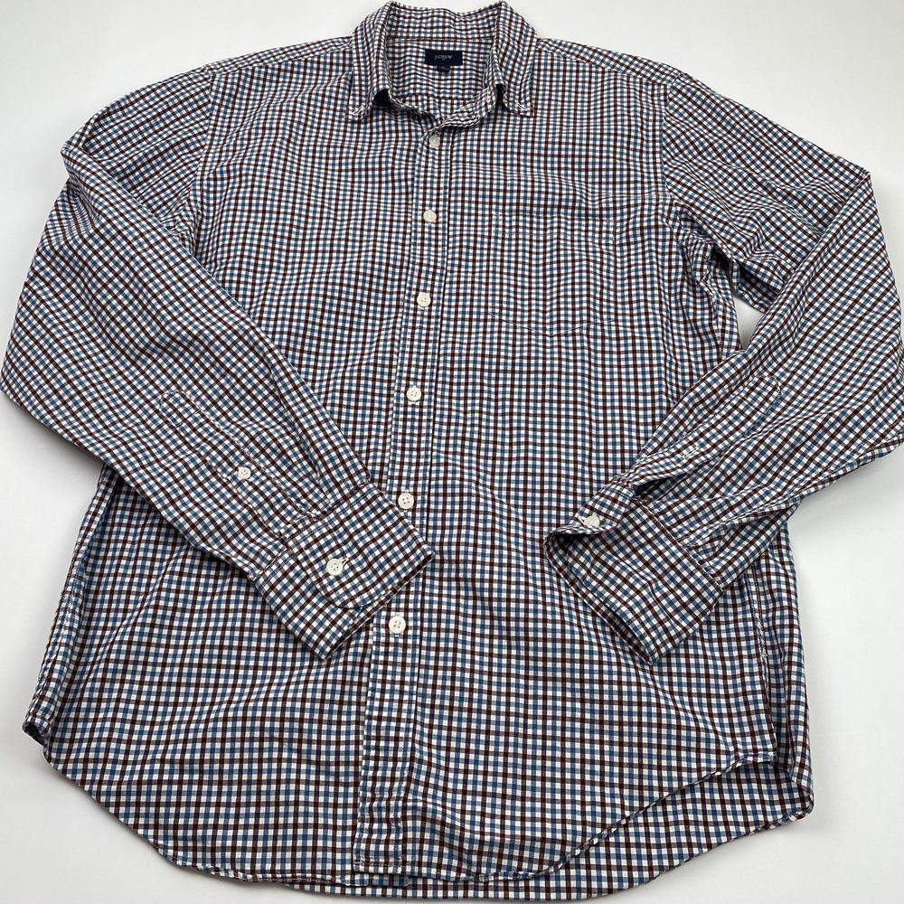 J Crew Mens Medium Blue Brown Check Button Up Long Sleeve Cotton Shirt 31872